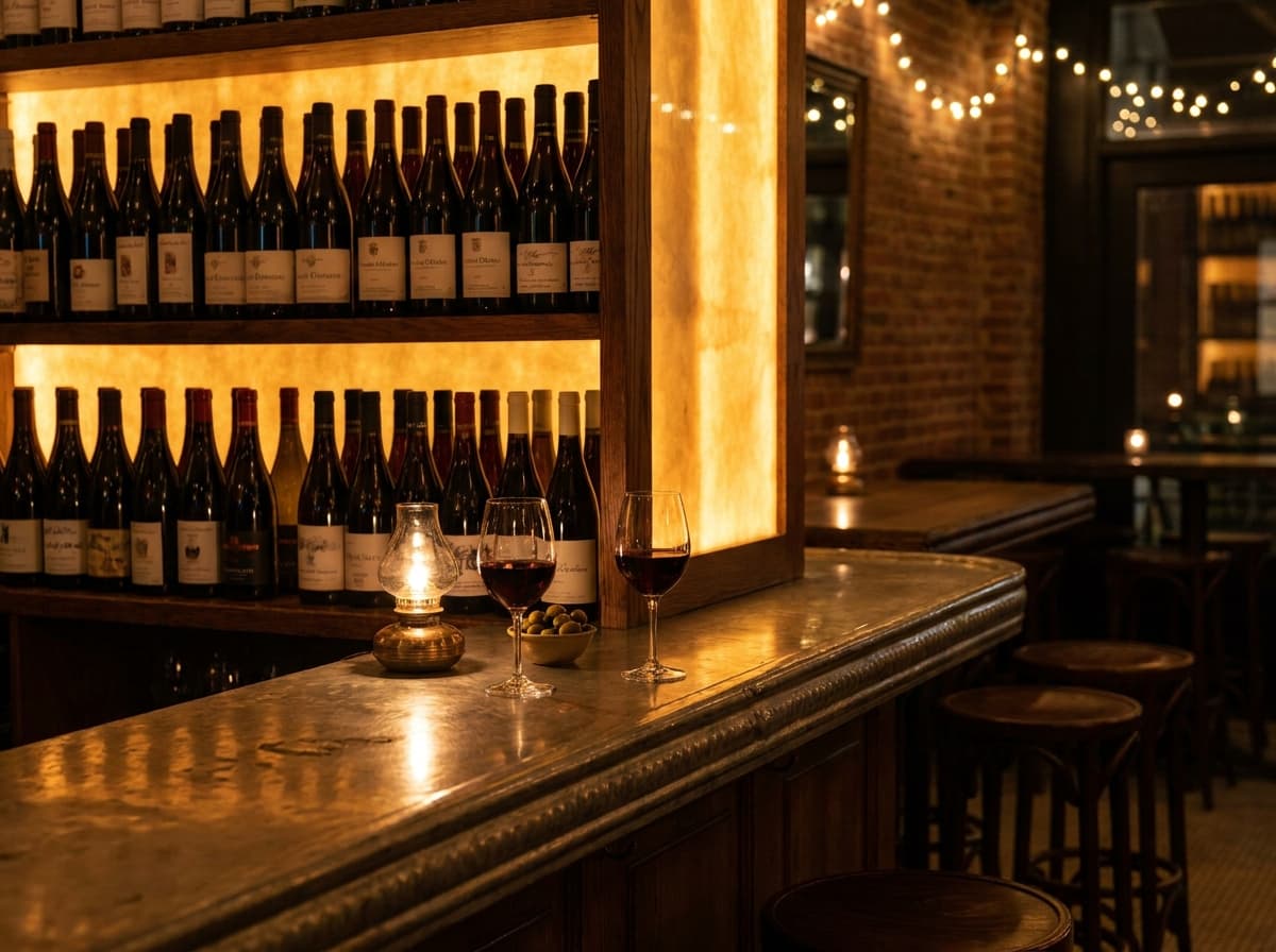 De bar bij avond, met warm aangelichte wijnflessen en twee glazen rode wijn