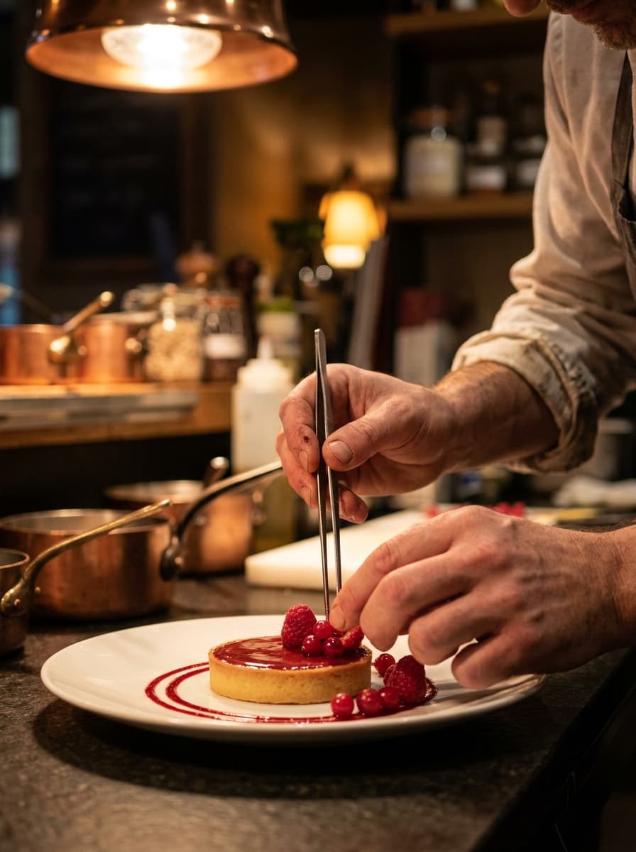 Handen van de chef die een dessert met rood fruit opmaakt