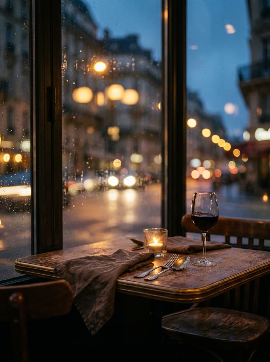Gedekte tafel bij het raam met kaars en een glas rode wijn