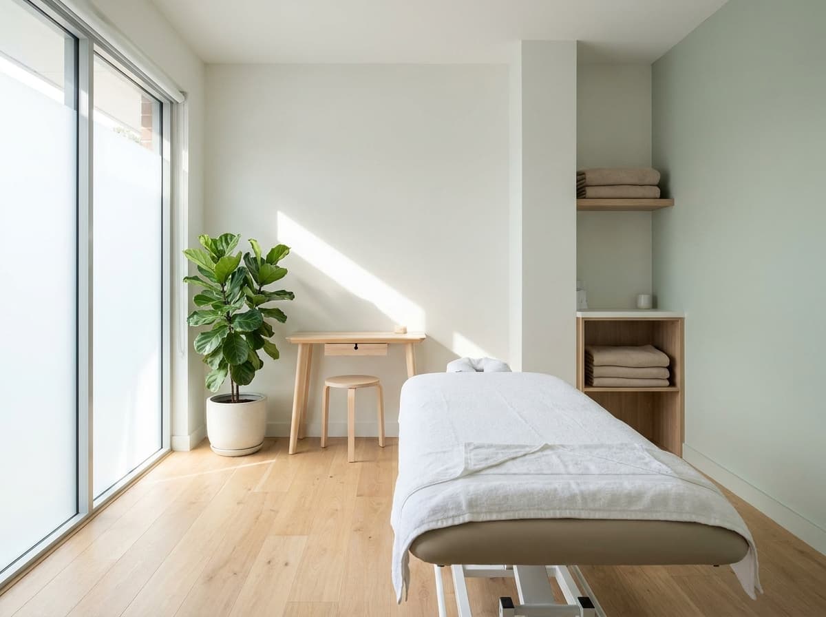 Lichte behandelkamer van Fysiotherapie Van Dam met behandeltafel, plant en veel daglicht