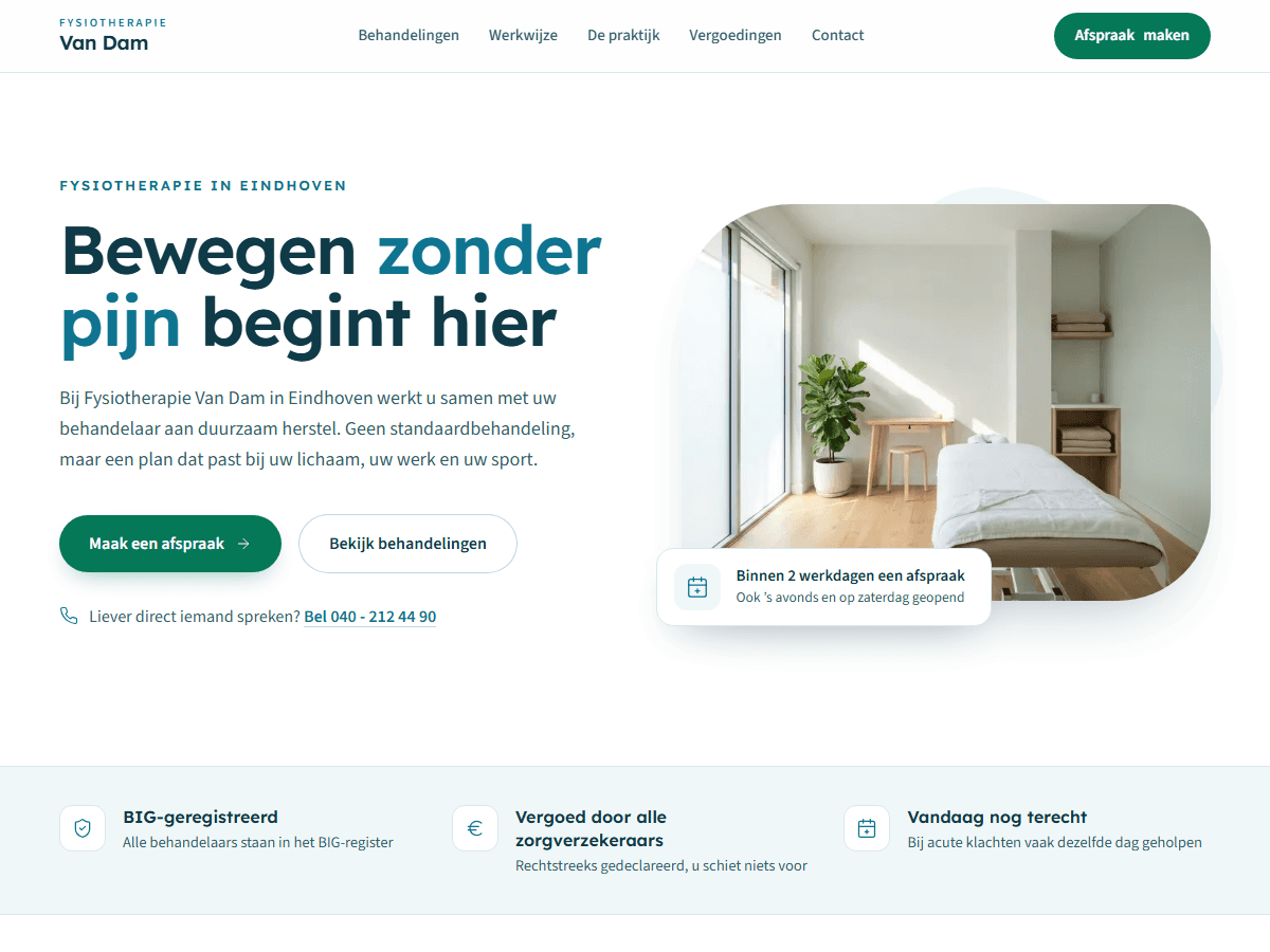 Voorbeeldsite van Fysiotherapie Van Dam in een browservenster
