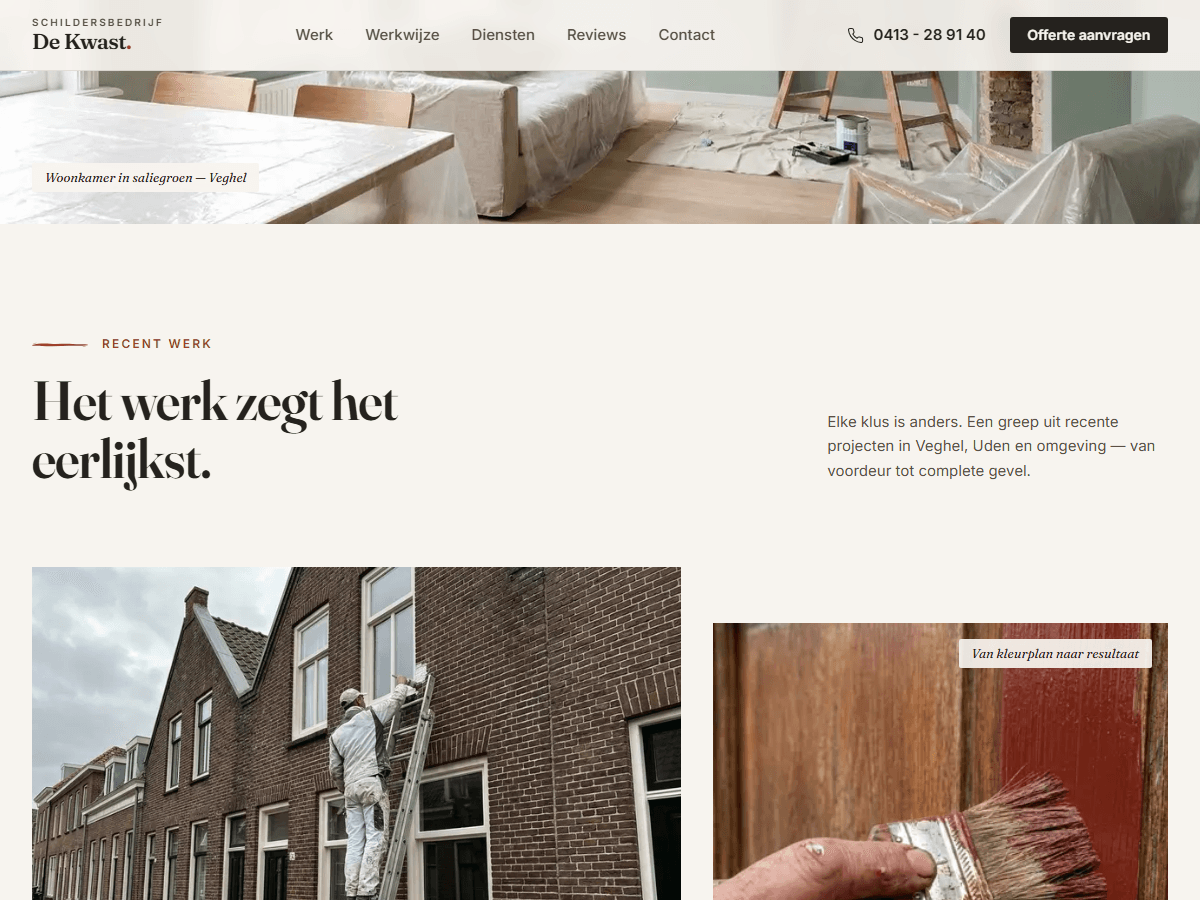 Voorbeeldsite van Schildersbedrijf De Kwast in een browservenster